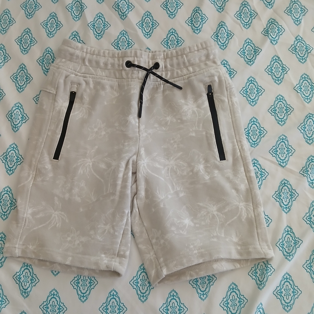 Palm Print Jogger Shorts with Black Zipper And Cord Accents